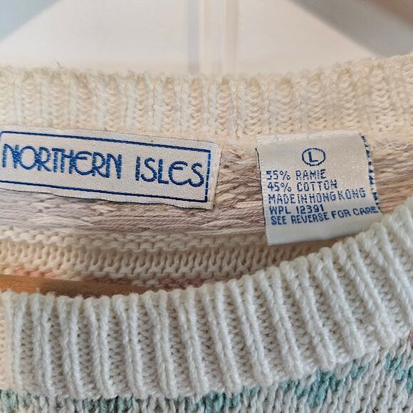 Vintage Northern Isles Sweater Mens Large White 90s Spring Cosby Cottage Preppy - Picture 8 of 9